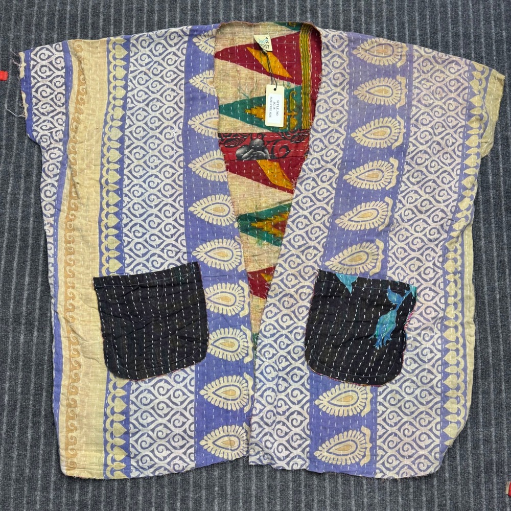 Jaded Gypsy Womens Kantha Stitch Vest Free Size Purple Multi Cotton Patchwork